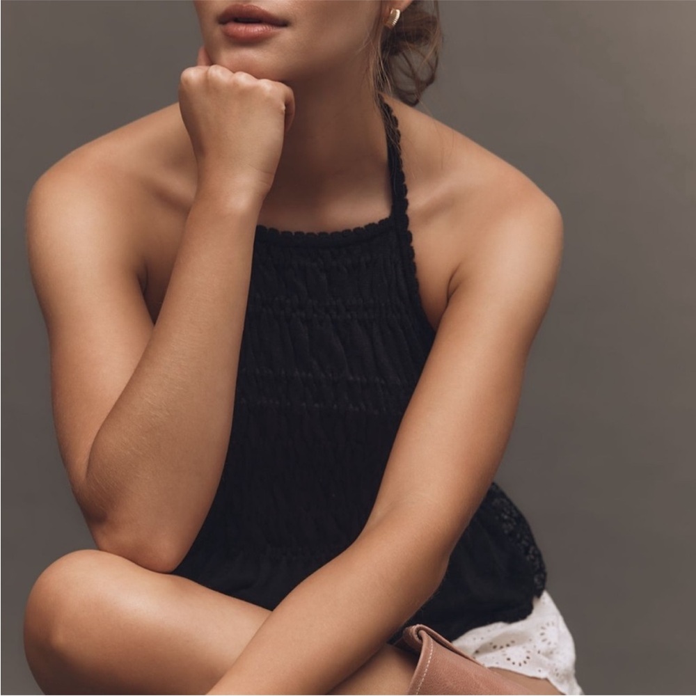 Anthropologie Smocked Lace Trim Halter Tank | Black | Small | NWT - Picture 3 of 6